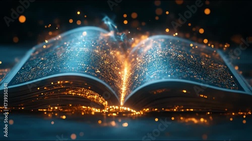 An open book with glowing particles and digital data flowing out, symbolizing knowledge and technology.
