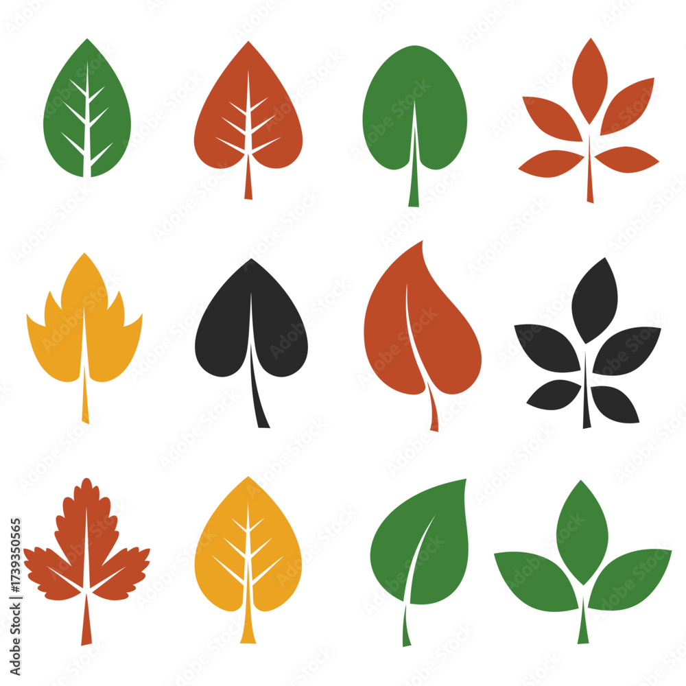 Fototapeta premium Diverse collection of stylized autumn leaves in various colors and shapes displayed row by row isolated on white background
