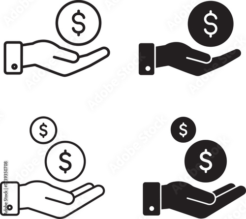 Four hand icons offering dollar coins symbolizing financial assistance and investment opportunities