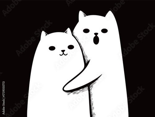 Two adorable cartoon cats embrace each other against a solid black backdrop, showing friendship and warmth in a playful setting during a fun moment.