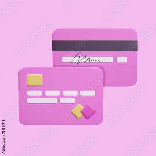 Cute pink 3D credit card vector illustration. Front and back side of a plastic bank card contactless online secure payment concept. E-commerce online banking debit credit card 3D render.