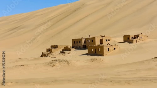Abandoned Ghost Town Buildings Buried in Shifting Desert Sand Dunes.