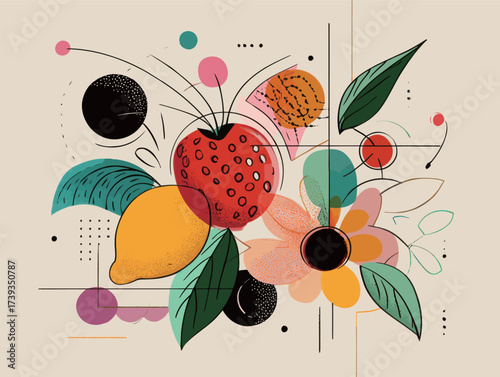 Vibrant illustration featuring a mix of fruits like lemon and strawberry alongside floral elements in a modern, abstract style on a neutral backdrop.