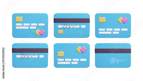 Big bundle of blue credit card designs 3D render vector illustration. Front and back side of a plastic card with contactless payment chip, magnetic strip, signature sign. Secure online shopping 3D.