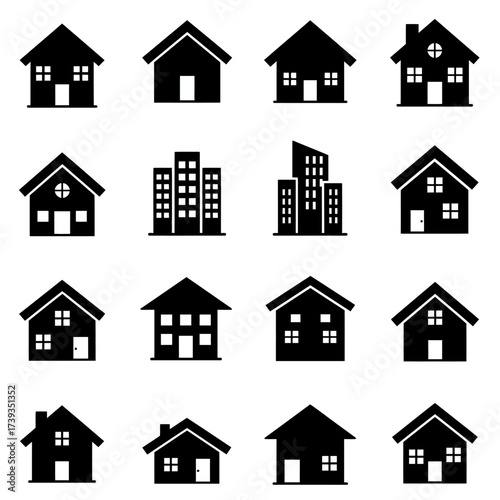 Collection of diverse silhouette house and building icons for real estate and architecture projects isolated on white background
