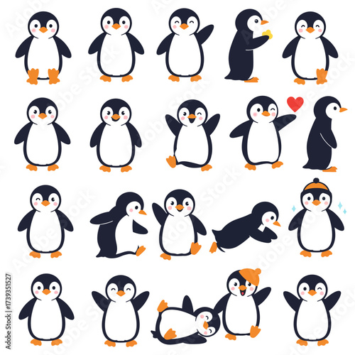 Charming penguin collection featuring various adorable poses and expressions for joyful design isolated on white background