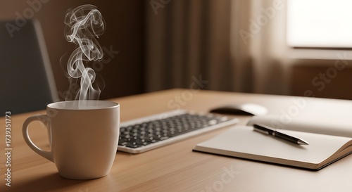 Cozy Workspace with Steaming Coffee and Notebook.