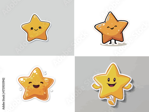 Four cheerful star characters display a range of expressions and playful poses. Each star features bright yellow colors, showcasing a friendly and inviting design.