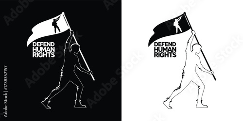 Silhouette of a person holding a flag with the words defend human rights against a black and white background, representing the fight for fundamental freedoms and human dignity