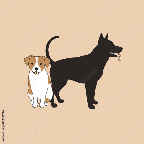 Two dogs silhouette and realistic portrait companionship playful friendship animal art isolated on white background