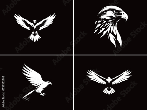 Four unique bird designs feature hawks in different poses. The artwork emphasizes elegant lines and bold shapes against a black background, highlighting their beauty.