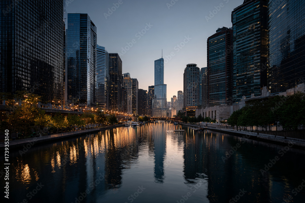 Fototapeta premium Modern city skyline at dusk, glowing skyscrapers reflected in water, calm cinematic vibe