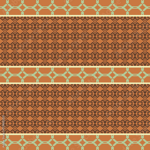 Earthy Tone Traditional Embroidery Art Abstract with Pixel Art Designs for Textile Print
