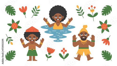 Fun Cartoon Characters in Traditional African Attire with Tropical Flowers and Leaves on a White Background for Use in Design Projects
