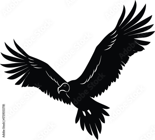Black vector silhouette illustration of a flying eagle with extended wings on a white background