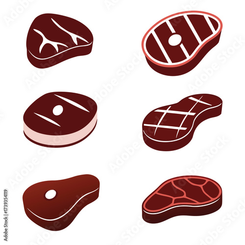Six stylized beef steaks in isometric view on white background meat food