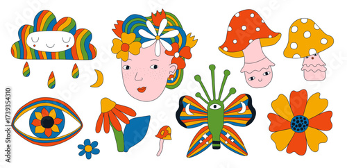 Psychedelic isolated bright set. Girl in a flower wreath, smiling cloud, eye, mushroom characters, butterfly, flower. Hippie 60s 70s retro collection. Prints, stickers. Summer vibe trippy illustration