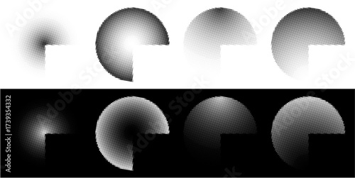 Three-quarter circle halftone dotted element icon vector. A versatile design asset for retro, abstract, and loading themes. It provides a unique, textured look with an incomplete circular shape.