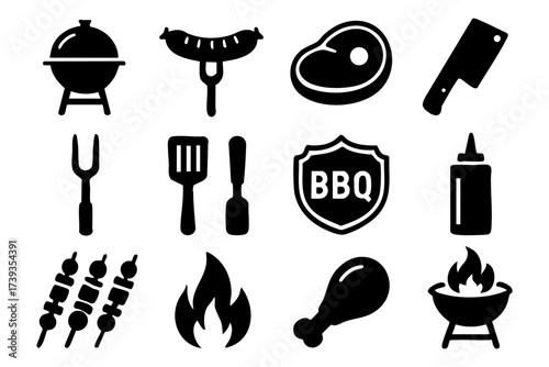 BBQ grill and barbecue icon set – meat, food, fire, outdoor cooking symbols