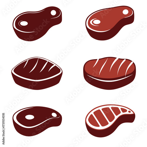 Six stylized red meat steaks with white highlights on white background beef food