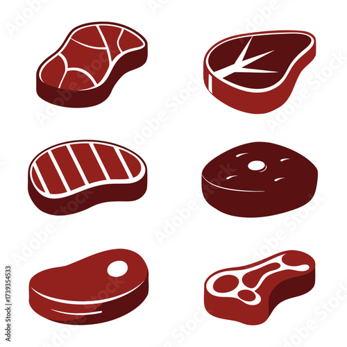 Six stylized red meat steaks with white marbling and outlines on white background beef food