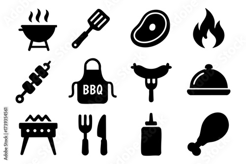 BBQ grill and barbecue icon set – meat, food, fire, outdoor cooking symbols