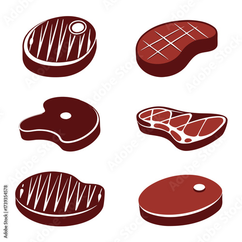Six stylized red meat steaks with white outlines on a white background food beef
