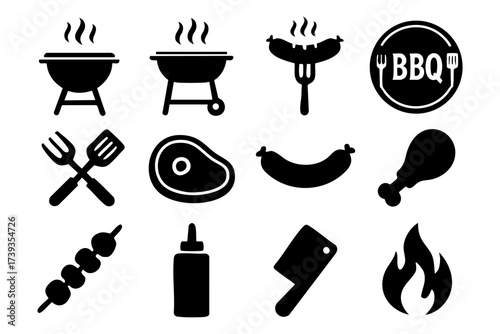BBQ grill and barbecue icon set – meat, food, fire, outdoor cooking symbols