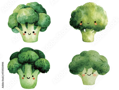 Four broccoli illustrations display friendly faces in a watercolor style. Each character features a playful expression, showcasing a vibrant green color palette.