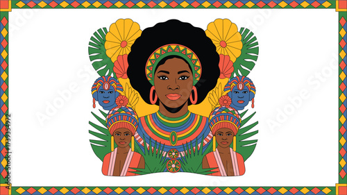 African Woman with Afro and Tribal Elements, Colorful Graphic Illustration for Design, Art Prints, and Cultural Celebrations, Vibrant, Bold, and Artistic