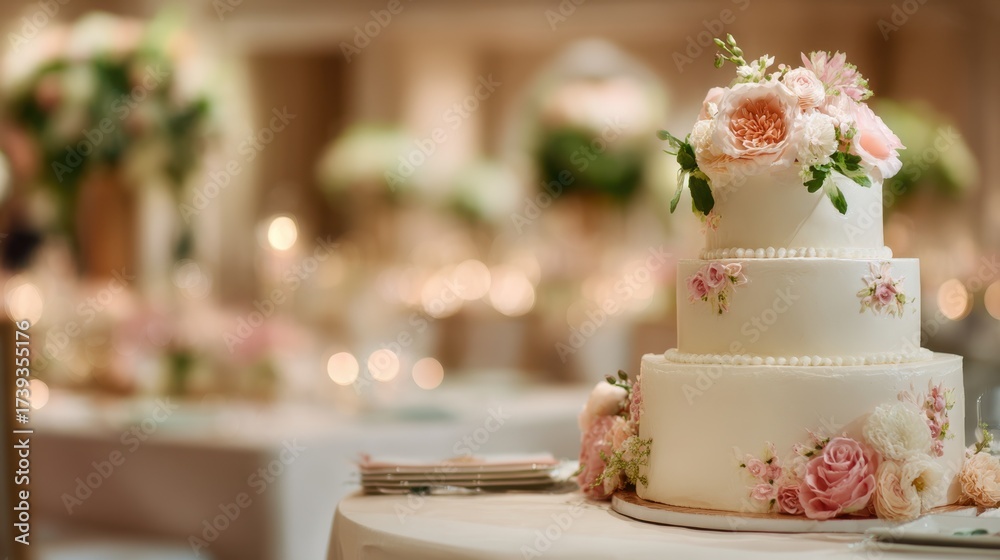 Fototapeta premium Medium shot of a wedding cake with delicate floral icing details in sharp focus while the softly blurred background highlights an elegant reception setting.