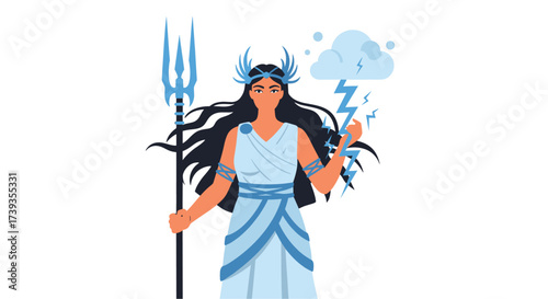Powerful Illustration of a Greek Goddess Holding a Trident and Lighting Bolts, Isolated on a White Background, Perfect for Mythology-themed Projects.
