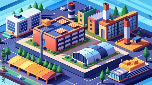 Isometric factory building vector with chimneys, rooftop, storage units, trees, 3D perspective, scalable industrial architecture, clean lines, professional illustration, vibrant tones, modern manufact