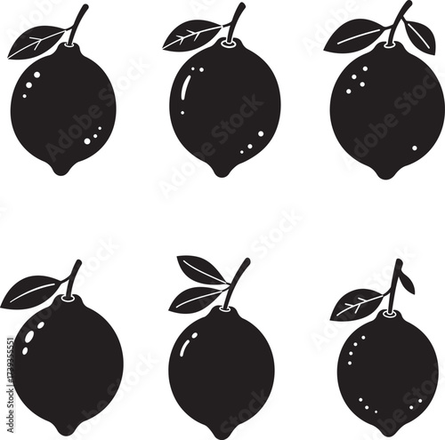 Six silhouettes of fresh lemons with leaves on a white background