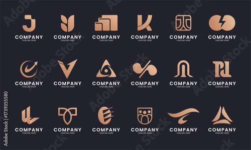 Set of modern abstract logo templates in bronze color on dark background, featuring geometric, circular, and organic shapes for versatile company branding and identity.
