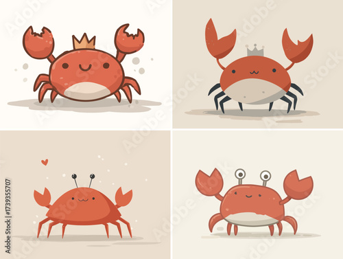 Four adorable cartoon crabs are shown with unique crowns and playful expressions. Each crab features a different pose and charm, creating a fun and colorful scene.