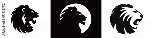 Three lion head silhouettes are arranged in a striking layout. Each design features unique styles, highlighting the lions power and ferocity.