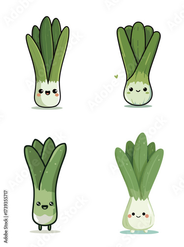 Four cheerful cartoon leeks are shown with varied facial expressions, showcasing their playful and whimsical features in a simple, fun style.