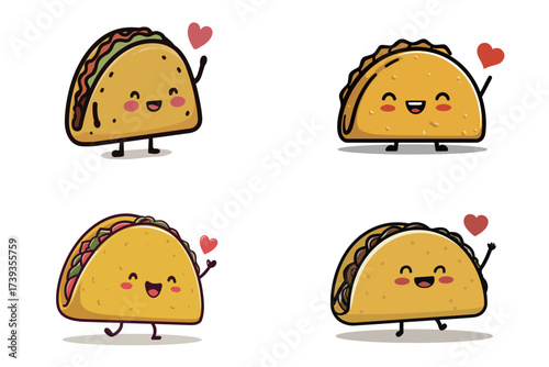 Four cartoon tacos display happy expressions while holding hearts. Each taco showcases a unique design and color, celebrating food and fun.