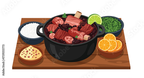 Delicious Brazilian Feijoada: A hearty stew with black beans, pork, sausage, and traditional sides served on a wooden board, illustration.