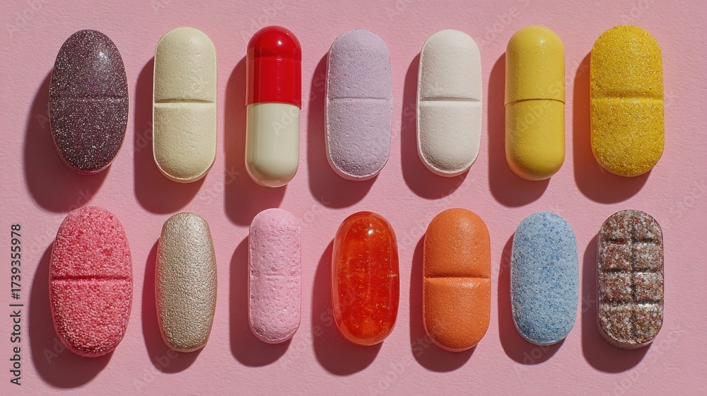 Obraz premium Various colorful pills and supplement tablets arranged in an attractive flat lay on pink background