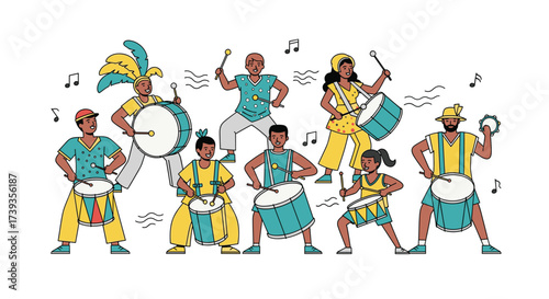 Vibrant Carnival Parade: Diverse Group Playing Drums and Tambourine, Celebrating with Music and Festive Costumes in a Joyful Performance