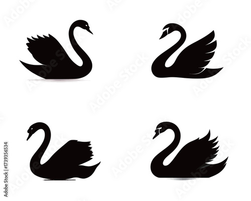 Four distinct silhouettes showcase swans in different graceful poses, highlighting their elegance and beauty in a minimalist style.
