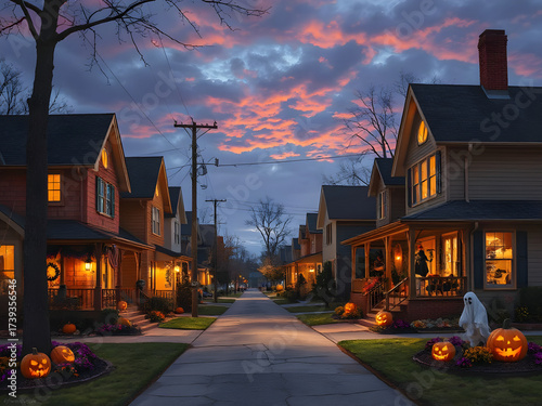 A quiet Halloween night on a suburban street, glowing jack-o-lanterns and autumn leaves under the full moon create a cozy spooky vibe. Concept of Halloween. CG Artwork Background