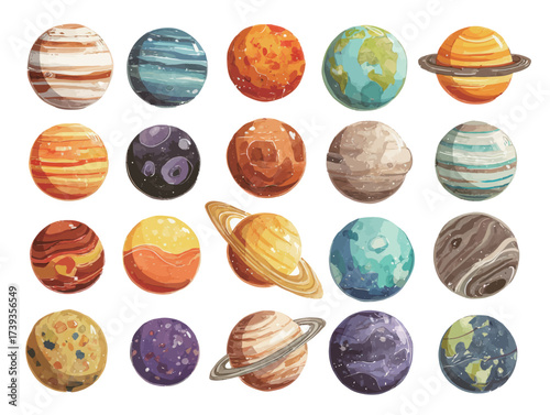This artwork showcases a vibrant collection of planets, each with unique colors and textures, depicting a variety of celestial bodies from the solar system.