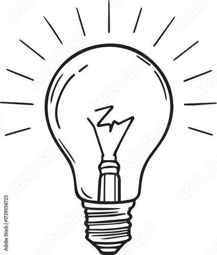 Black and white vector illustration of incandescent light bulb with glowing filament and radiant lines