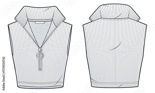Sleeveless Zip-up Crop Top with mock neck collar fashion flat sketch. Slim Fit knit Vest fashion flat technical drawing template, front and back view, white, women, men, unisex CAD mockup.