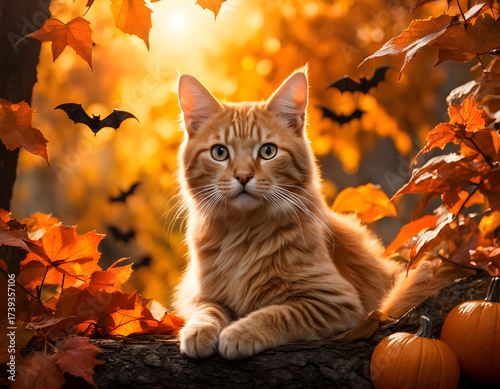 A majestic orange tabby cat rests among pumpkins and autumn leaves under a glowing harvest moon, capturing the warm spirit of Halloween night. Concept of Halloween. CG Artwork Background