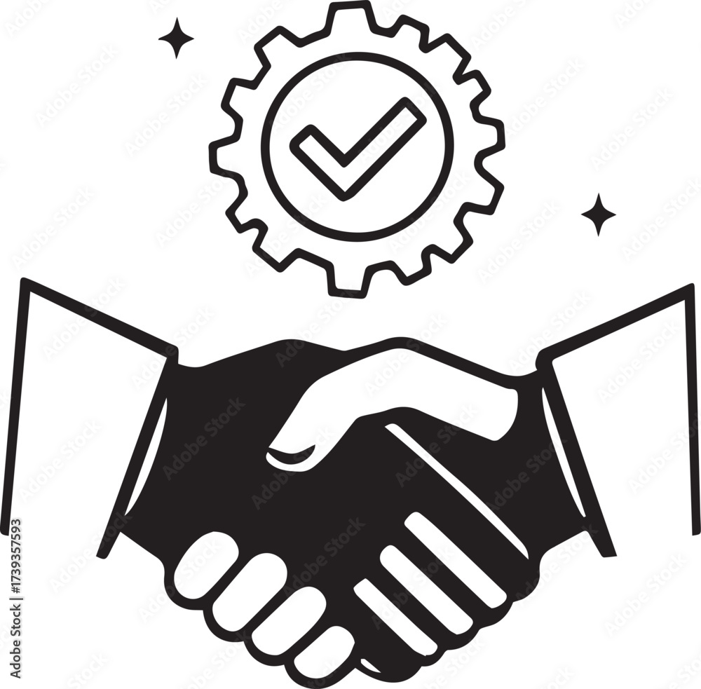 Obraz premium Handshake vector illustration with gear and checkmark symbolizing partnership, agreement, and teamwork