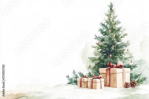 Festive Gift Boxes in Snowy Winter Scene with Copper Ribbons and Pine Trees, space for text, christmas card